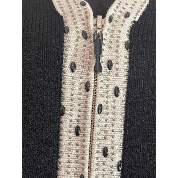 J.S.S knitwear jacket med black cream wool blend full zip elegant detail beads - Picture 2 of 11